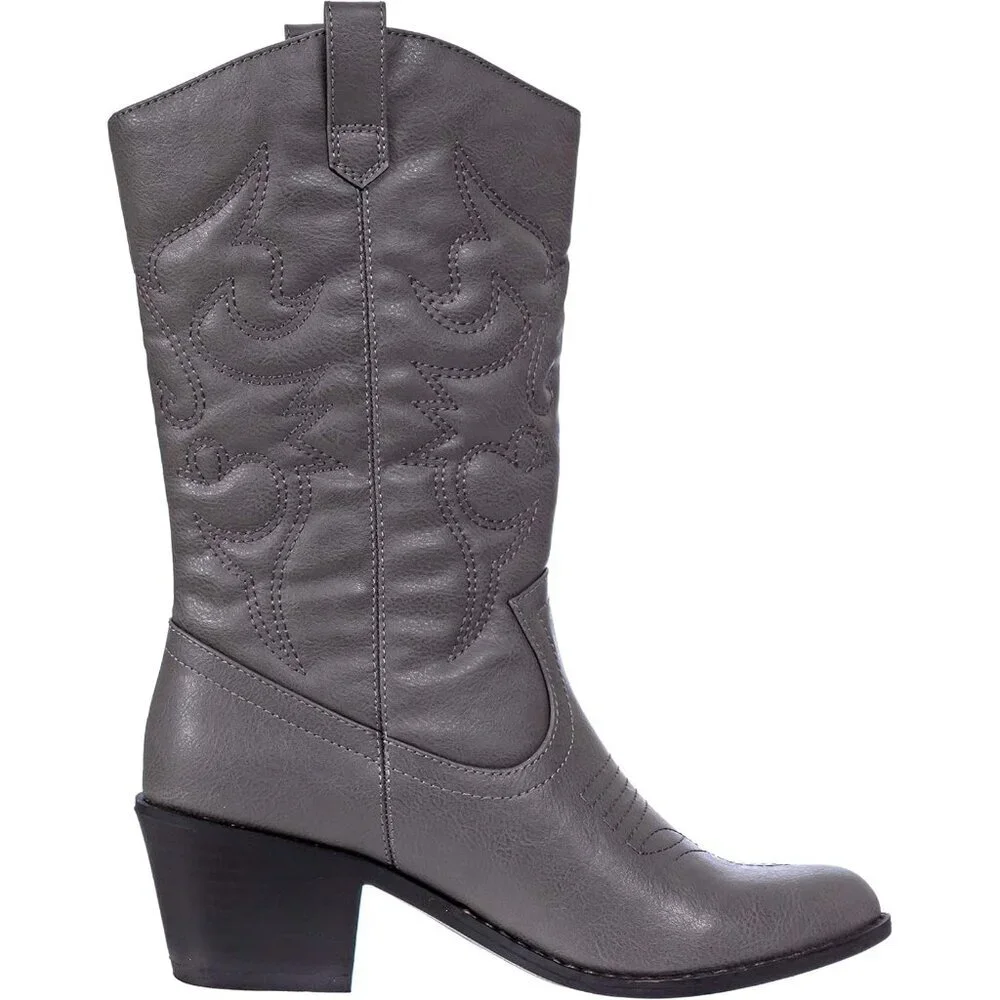 Women's Grey Mid Calf Boot Embroidered Stiching Western Cowgirl Boots Low Heel